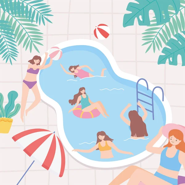 Jovens em férias na piscina brincando e nadando — Vetor de Stock