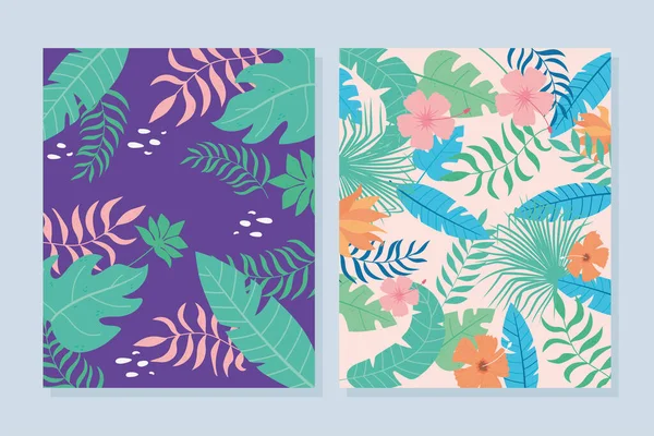 Banner de hojas tropicales con plantas de palma exóticas flores y hojas — Vector de stock