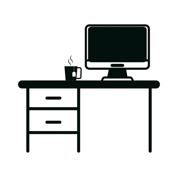 Ordinateur de bureau et tasse de café fournitures de bureau papeterie travail linéaire icône de style — Image vectorielle