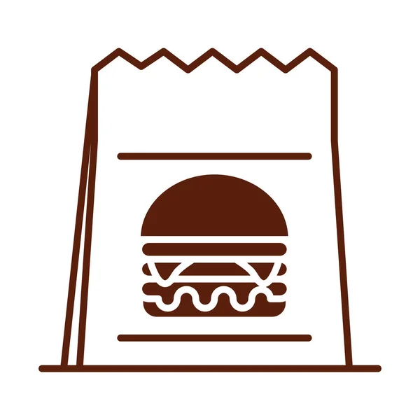 Sac en papier fast food dîner et menu, repas savoureux et icône de style ligne malsaine — Image vectorielle