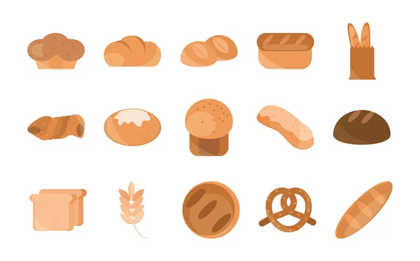 Menú de pan panadería producto alimenticio estilo plano iconos conjunto — Vector de stock