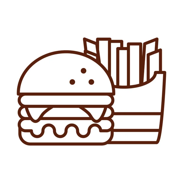 Бургер быстрого питания и картофель фри ужин и меню, вкусная еда и нездоровый стиль линии икона — стоковый вектор