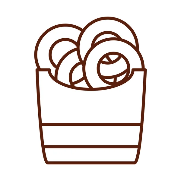 Anillos de cebolla de comida rápida en la caja de la cena y el menú, comida sabrosa y poco saludable icono de estilo de línea — Archivo Imágenes Vectoriales