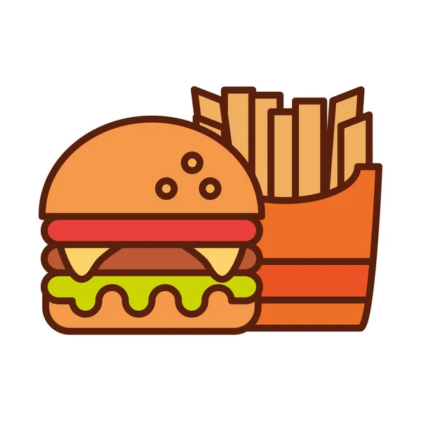 Hamburguesa de comida rápida y patatas fritas cena y menú, comida sabrosa y línea poco saludable y llenar el icono — Vector de stock