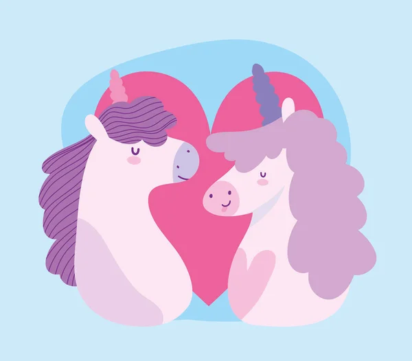 Unicórnios pouco amor coração fantasia magia animal desenhos animados —  Vetores de Stock