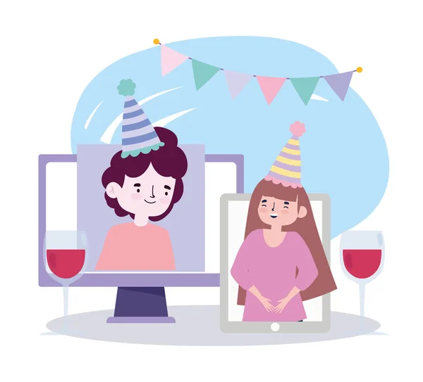 Online party, meeting friends, video call smartphone and computer couple celebrating birthday with wine — Stock Vector