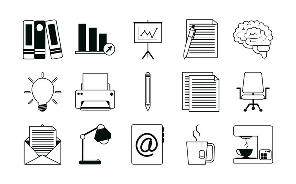办公用品文具工作业务线性风格图标设置 — 图库矢量图片