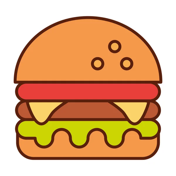 Fast food hambúrguer jantar e menu, refeição saborosa e linha insalubre e ícone de preenchimento —  Vetores de Stock