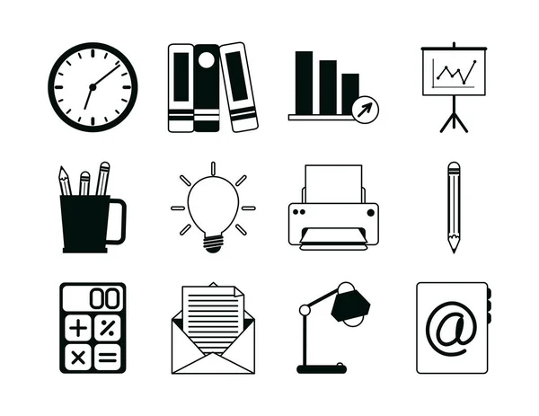 Fournitures de bureau papeterie travail entreprise style linéaire icônes ensemble — Image vectorielle