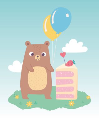 Mutlu yıllar, pastalı ve balonlu şirin ayı kutlama karikatürü.