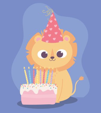 Mutlu yıllar, şapkası ve pasta kutlaması karikatürü olan küçük şirin aslan.