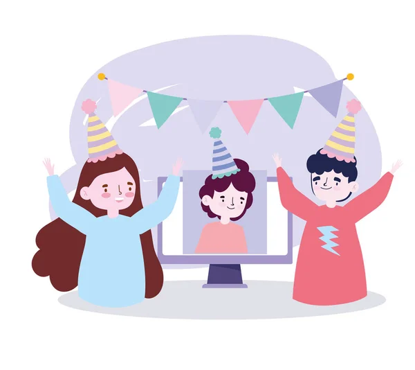 Online πάρτι, συνάντηση φίλων, ζευγάρι και άνθρωπος σε βίντεο εορτασμό γενεθλίων — Διανυσματικό Αρχείο