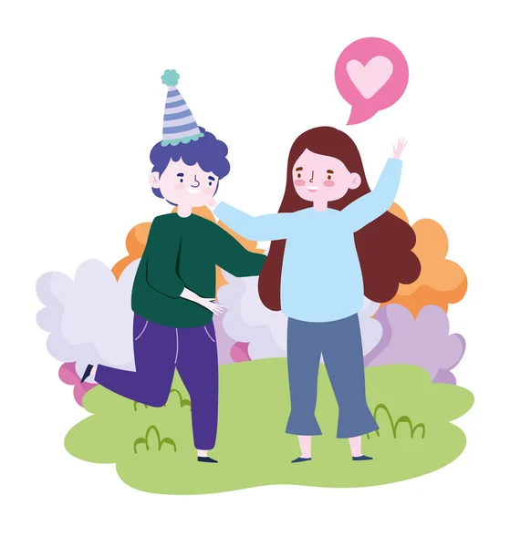 Personas juntas para celebrar un evento especial, feliz pareja abrazándose celebrando en el parque — Archivo Imágenes Vectoriales