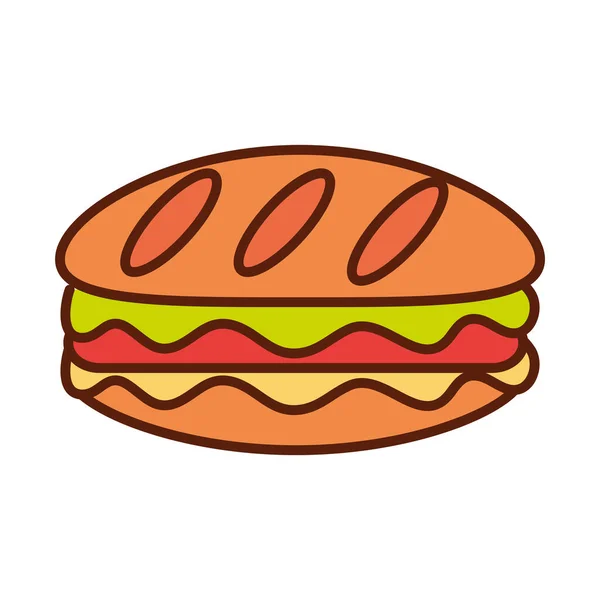 Sandwich fast food smakelijk diner en menu, maaltijd en ongezonde lijn en vul pictogram — Stockvector