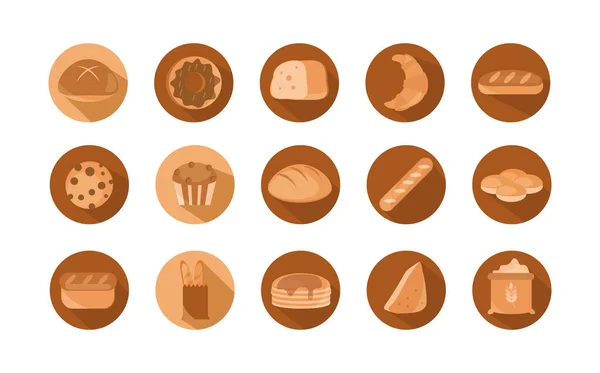 Хлеб меню хлебобулочные пищевые продукты блок и плоские иконки набор — стоковый вектор