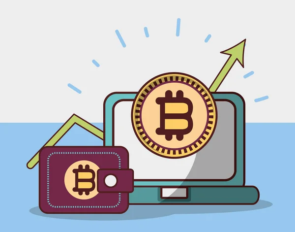 Bitcoin portable portefeuille flèche de croissance transaction crypto-monnaie argent numérique — Image vectorielle