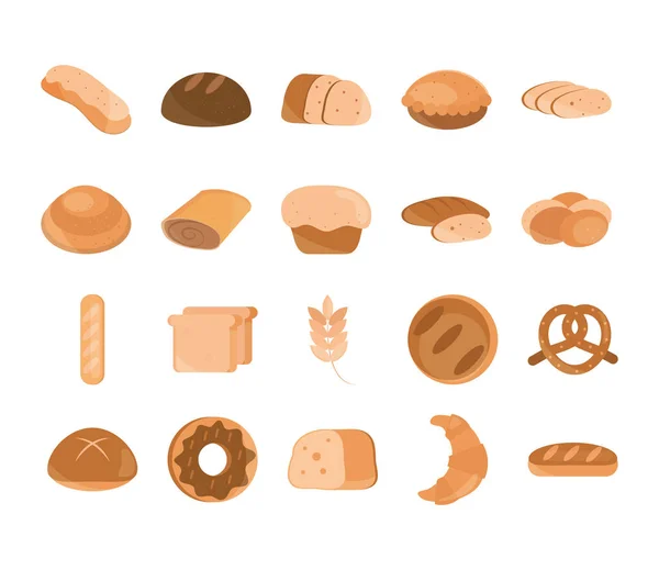 Menú de pan panadería producto alimenticio estilo plano iconos conjunto — Vector de stock