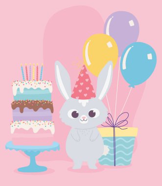 Mutlu yıllar, mumlu şirin tavşan pastası ve balonlar kutlama dekorasyonu çizgi filmi.