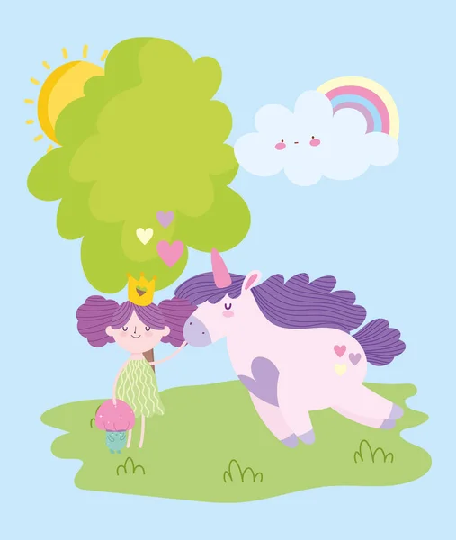 Pequeño hada princesa lindo unicornio hongo y arco iris cuento de dibujos animados — Vector de stock