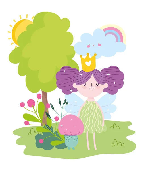 Маленькая фея принцесса с коронным грибом радуга сказка о деревьях — стоковый вектор