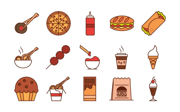 Fast food dinner and menu, tasty meal and unhealthy, restaurant lunch icons set line and fill style — Stock Vector