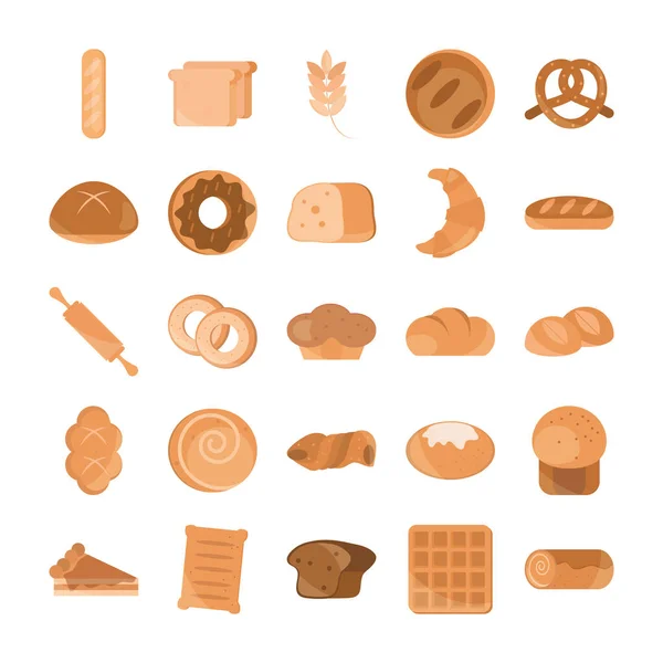 Menu de pão panificação produto alimentar conjunto de ícones de estilo plano —  Vetores de Stock