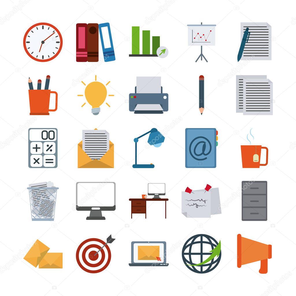 office supply stationery work business flat style icons set