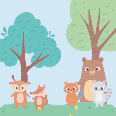 Kunduz ayı geyik tilkisi ve rakun hayvanı çiçek ağacı çizgi filmi