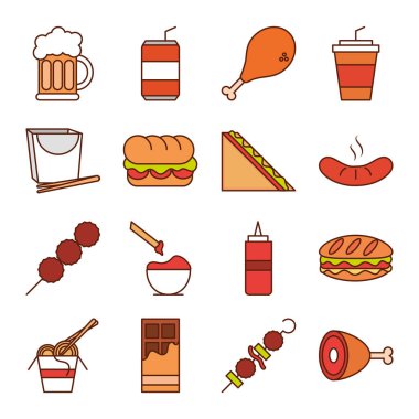 Fast food akşam yemeği ve menü, lezzetli yemekler ve sağlıksız, restoran ikonları sıraya dizilmiş ve doldurulmuş