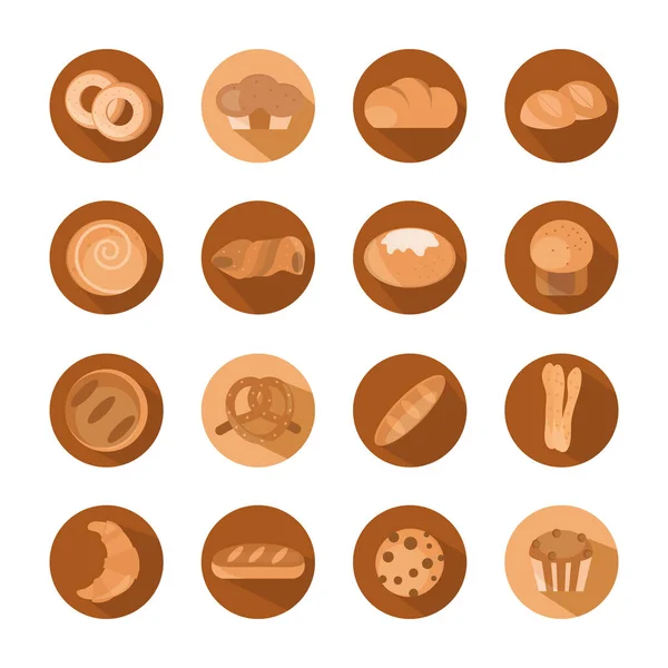 Хлеб меню хлебобулочные пищевые продукты блок и плоские иконки набор — стоковый вектор