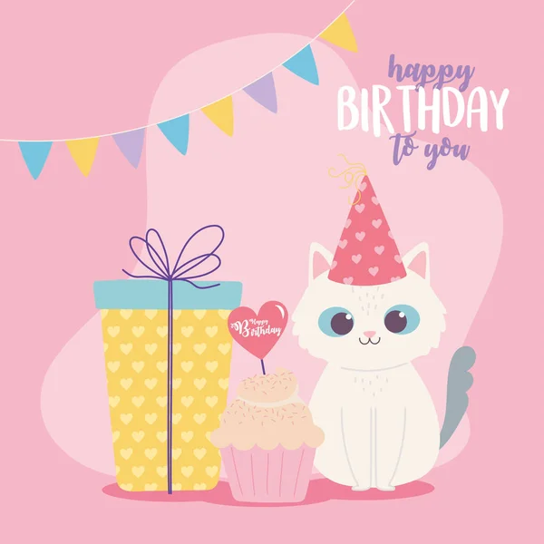 happy birthday, cute cat gift box and cupcake celebration decoration cartoon