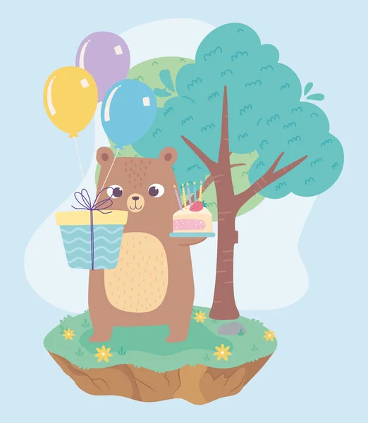 Feliz cumpleaños, lindo oso con pastel de rebanadas regalo globos celebración decoración dibujos animados — Vector de stock