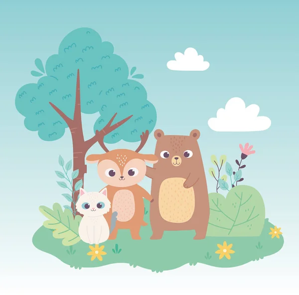 Kočka medvěd malý jelen les zvířata květiny strom kreslený — Stockový vektor