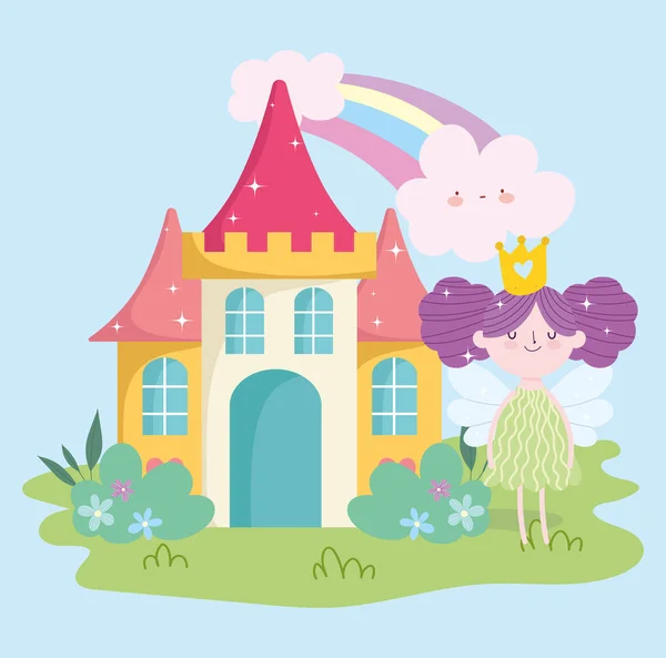 Petite princesse de fée avec des ailes château arc-en-ciel nuages jardin conte dessin animé — Image vectorielle