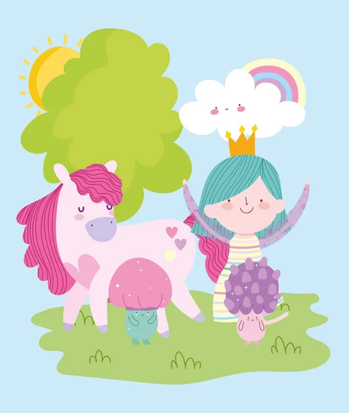 Schattig klein fee prinses met magische eenhoorn paddestoel en regenboog verhaal cartoon — Stockvector
