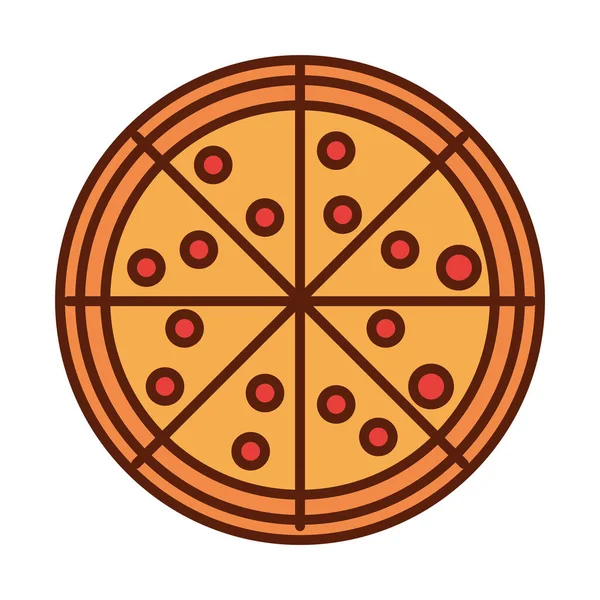 Cena y menú de pizza de comida rápida, comida sabrosa y línea poco saludable e icono de relleno — Vector de stock