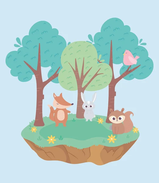 Bonito pequeno coelho raposa pássaro e esquilo animais desenhos animados — Vetor de Stock