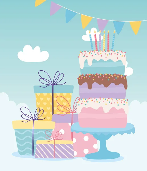 Wszystkiego najlepszego z okazji urodzin, tort ze świecami i pudełka prezentów dekoracji kreskówka — Wektor stockowy