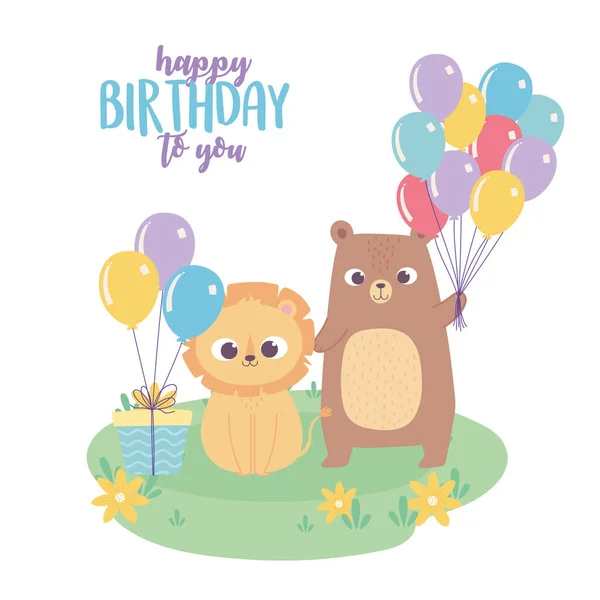 З днем народження, милий маленький лев ведмідь з подарунком і кульками святкування прикраси мультфільм — стоковий вектор