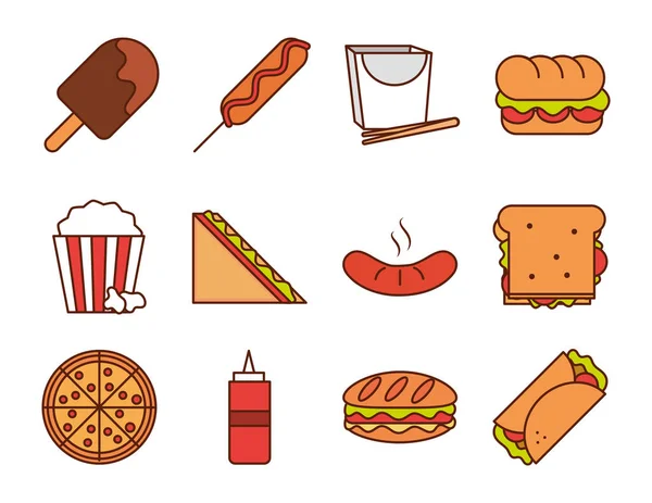 Snabbmat middag och meny, välsmakande måltid och ohälsosam, restaurang lunch ikoner ställa linje och fylla stil — Stock vektor