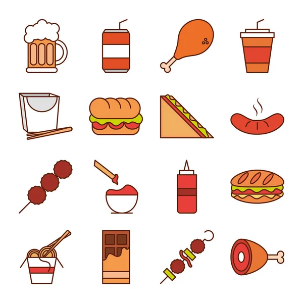 Snabbmat middag och meny, välsmakande måltid och ohälsosam, restaurang lunch ikoner ställa linje och fylla stil — Stock vektor