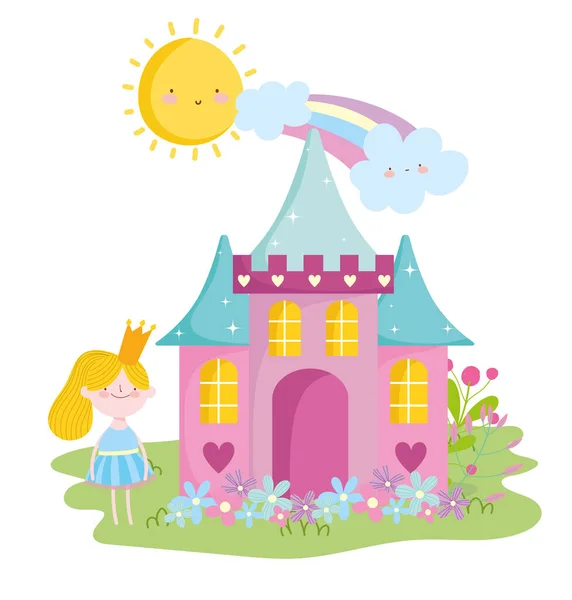 Kleine fee prinses met kasteel kroon bloemen regenboog verhaal cartoon — Stockvector