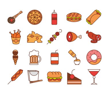Fast food akşam yemeği ve menü, lezzetli yemekler ve sağlıksız, restoran ikonları sıraya dizilmiş ve doldurulmuş
