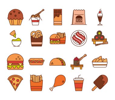 Fast food akşam yemeği ve menü, lezzetli yemekler ve sağlıksız, restoran ikonları sıraya dizilmiş ve doldurulmuş