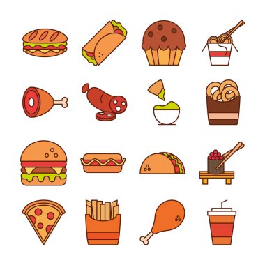 Fast food akşam yemeği ve menü, lezzetli yemekler ve sağlıksız, restoran ikonları sıraya dizilmiş ve doldurulmuş