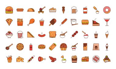 Fast food akşam yemeği ve menü, lezzetli yemekler ve sağlıksız, restoran ikonları sıraya dizilmiş ve doldurulmuş