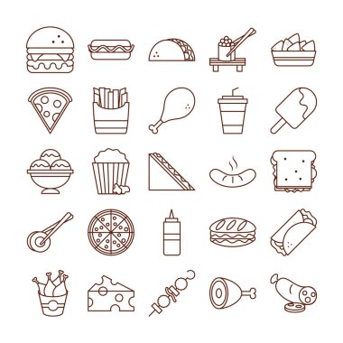 Fast food akşam yemeği ve menü, lezzetli yemekler ve sağlıksız, restoran ikonları sıraya dizilmiş ve doldurulmuş