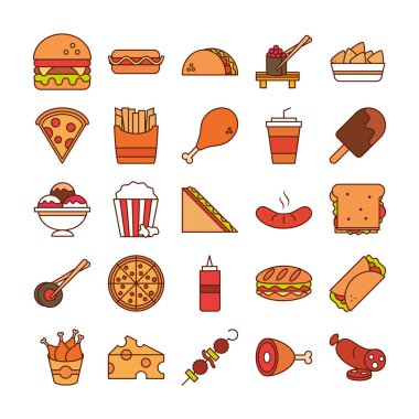Fast food akşam yemeği ve menü, lezzetli yemekler ve sağlıksız, restoran ikonları sıraya dizilmiş ve doldurulmuş