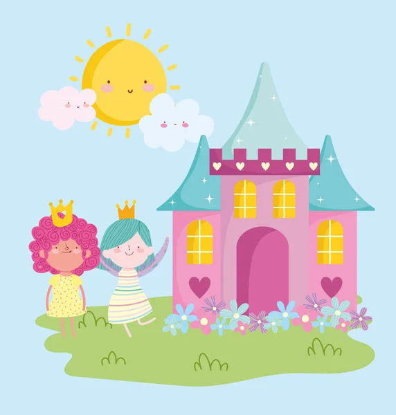 Kleine feeën prinses met kasteel bloemen schattig verhaal cartoon — Stockvector