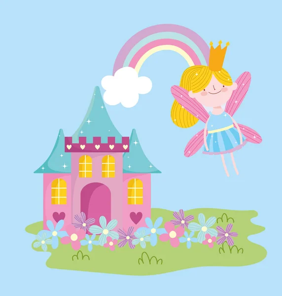Vliegende gevleugelde kleine fee prinses regenboog en kasteel met bloemen verhaal cartoon — Stockvector